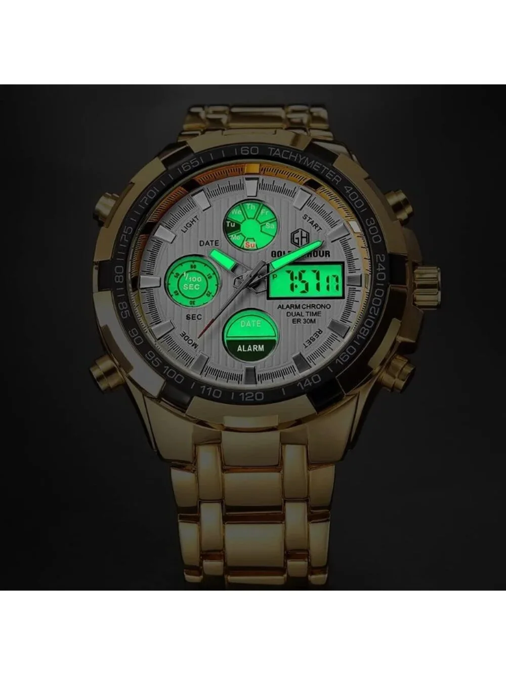 Men's Gold White Stainless Steel Analog Digital Outdoor Waterproof Luxury Watch